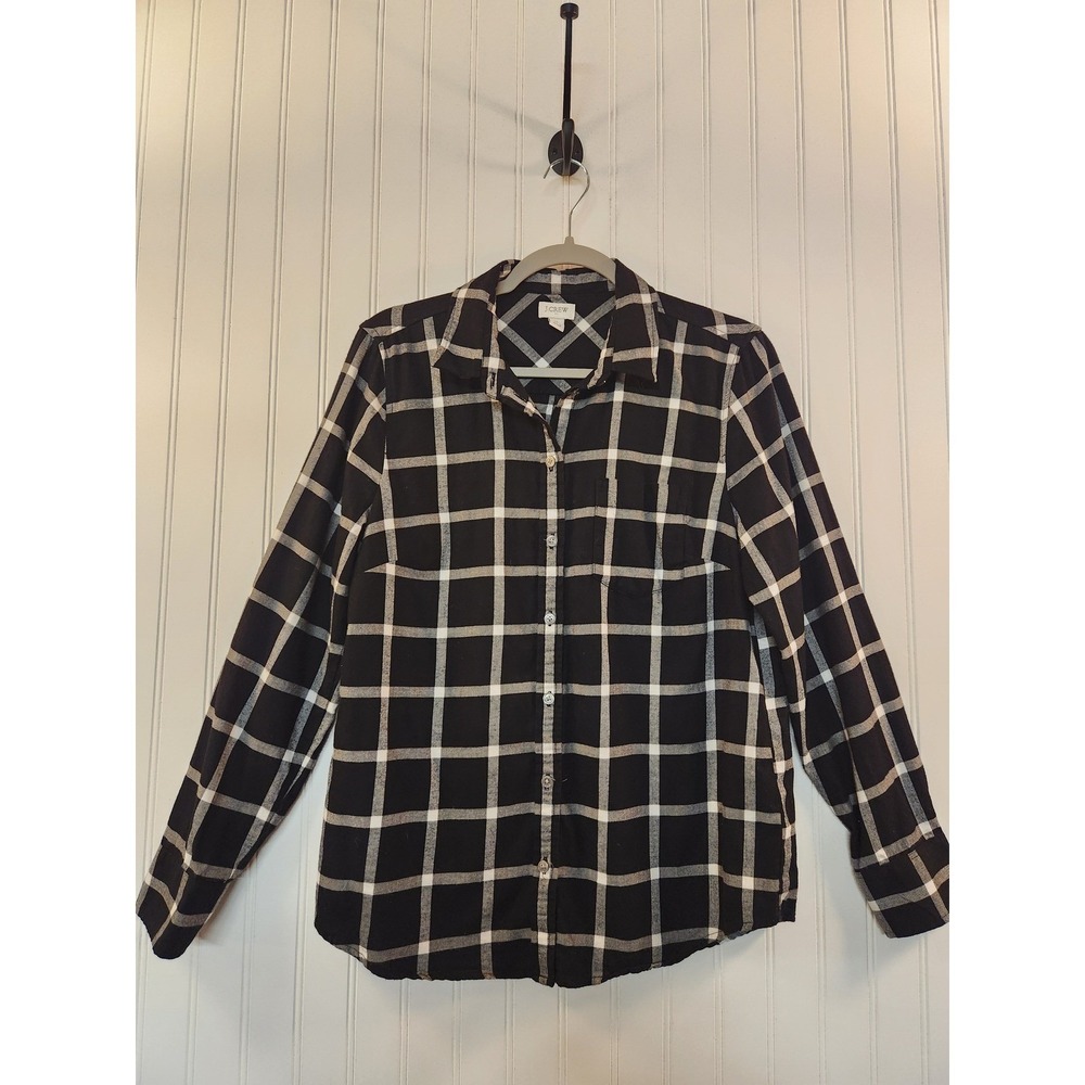 J.Crew Womens Black White‎ Windowpane Plaid Flannel Button Down Shirt Size M